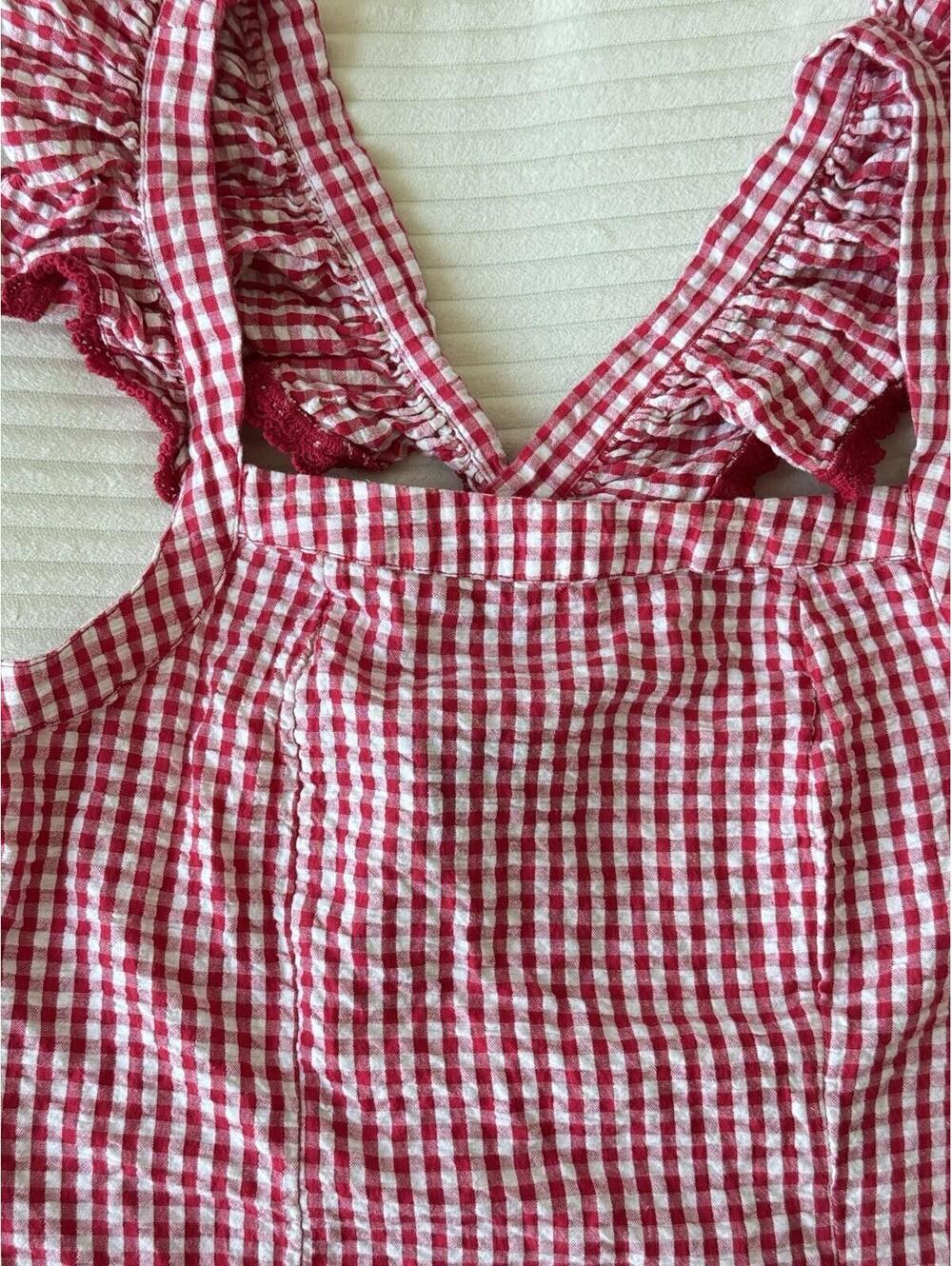 Broadway 38 Gingham Smocked Crop Top M Pink White Check Ruffle Strap Cottagecore - Picture 8 of 9